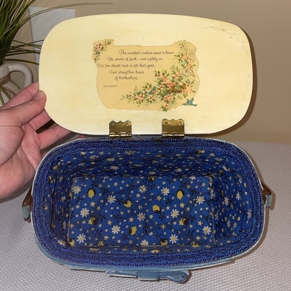 Vintage women’s  basket purse handbag unique handmade floral brown blue white - Picture 7 of 11